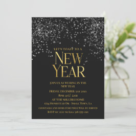 Invitación Fiesta de Nochevieja de Confetti Negro de Oro