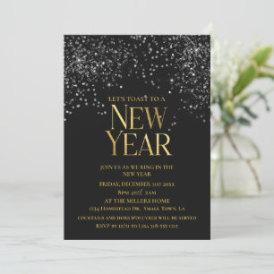 Invitación Fiesta de Nochevieja de Confetti Negro de Oro