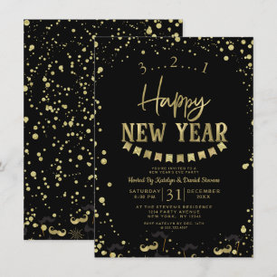 Invitación Fiesta de Nochevieja de Confetti Negro y Relieve m