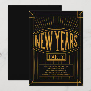 Invitación Fiesta de Nochevieja de estilo negro dorado