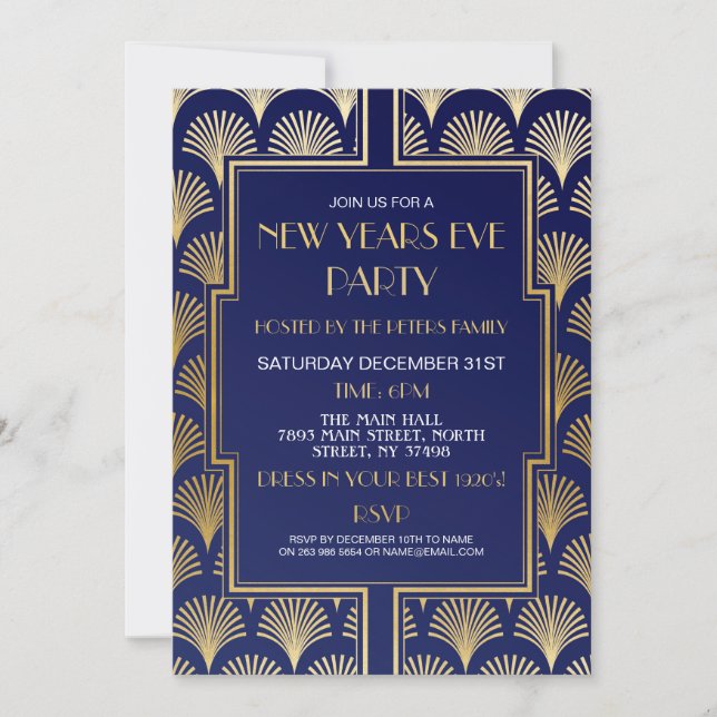 Invitación Fiesta de Nochevieja de Gatsby de los años 20 con  (Anverso)