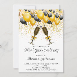 Invitación Fiesta de Nochevieja de Globos Negros de Oro Moder