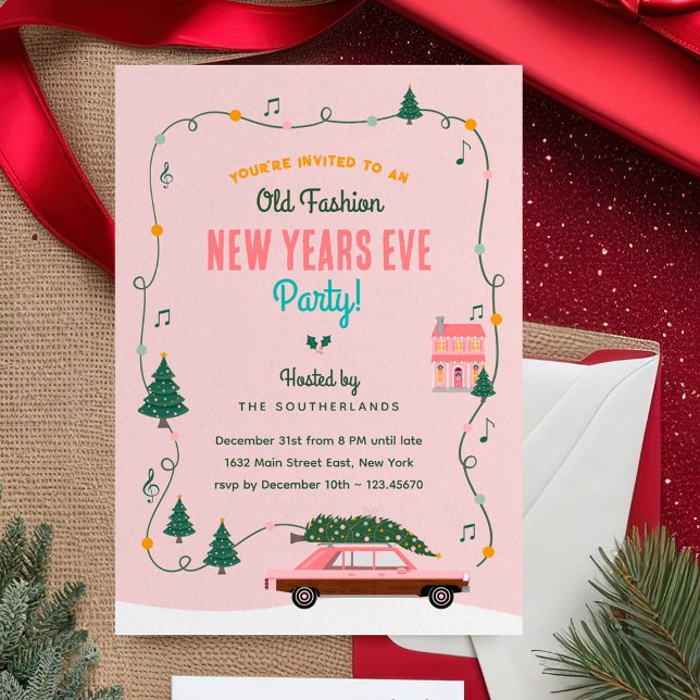 Invitación Fiesta de Nochevieja de moda de Año Nuevo de Coche (Pink Retro Car Old Fashion New Years Eve Party Invitation)
