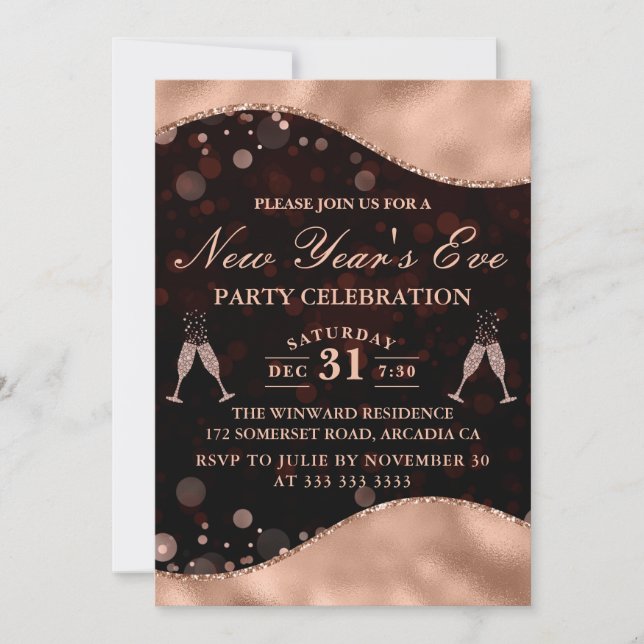 Invitación Fiesta de Nochevieja de Ola de Oro Marrón y Rosa (Anverso)