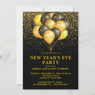 Invitación Fiesta de Nochevieja de Purpurina de Globos Negros