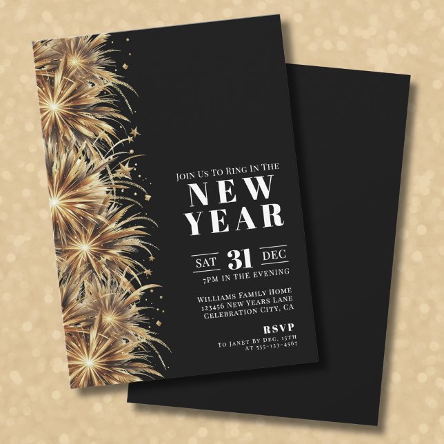 Invitación Fiesta de Nochevieja del Oro Negro Moderno (Modern Black Gold New Year's Eve Party Invitation)