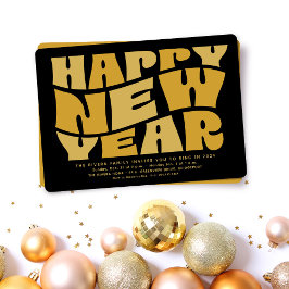 Invitación Fiesta de Nochevieja divertido retro de moda oro