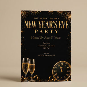 Invitación Fiesta de Nochevieja Elegante Oro Negro