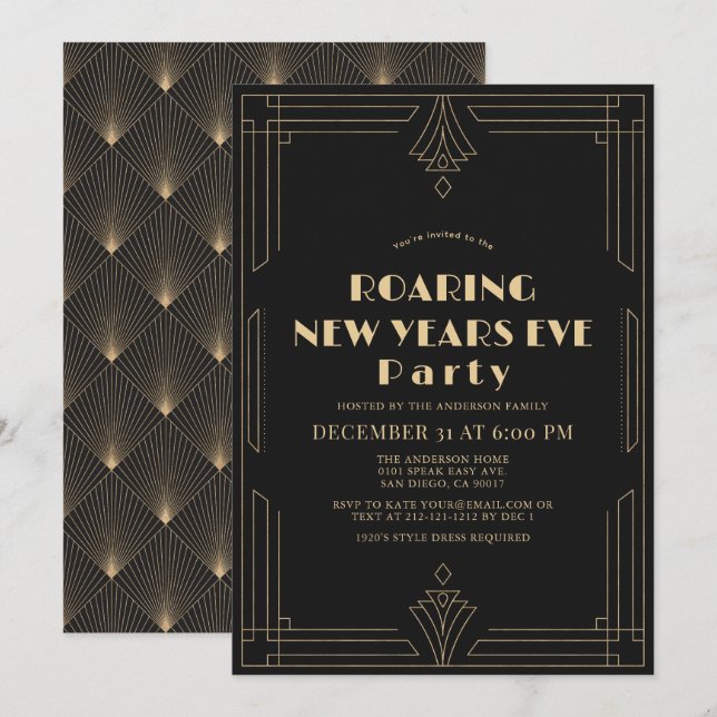 Invitación Fiesta de Nochevieja Gatsby de Art Deco de 1920 (Anverso / Reverso)