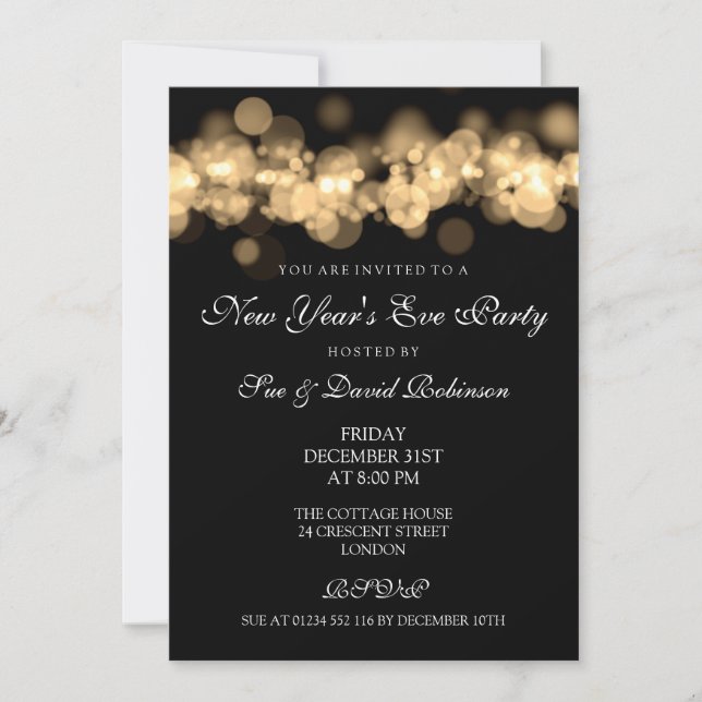 Invitación Fiesta de Nochevieja Luces de Bokeh de Oro (Anverso)