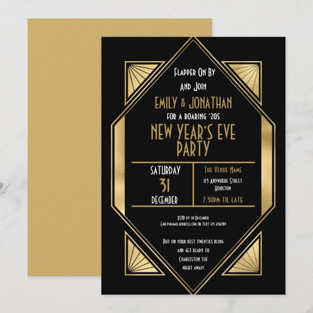 Invitación Fiesta de Nochevieja Negra de Oro de los años 1920 (Anverso / Reverso)