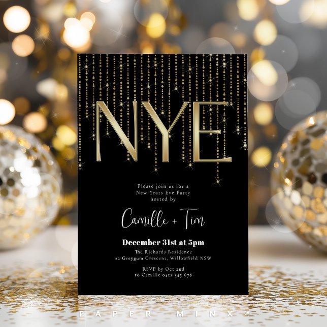 Invitación Fiesta de Nochevieja Negra y Dorada (NYE party invitation in gold and black )