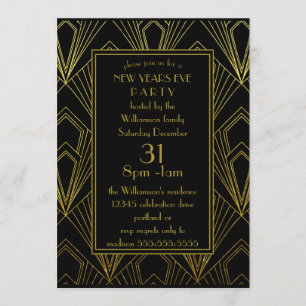 Invitación Fiesta de Nochevieja Negra y Dorada Art Déco