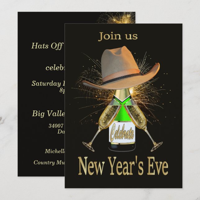 Invitación Fiesta de Nochevieja Occidental Cowboy Gorra Champ (Anverso / Reverso)