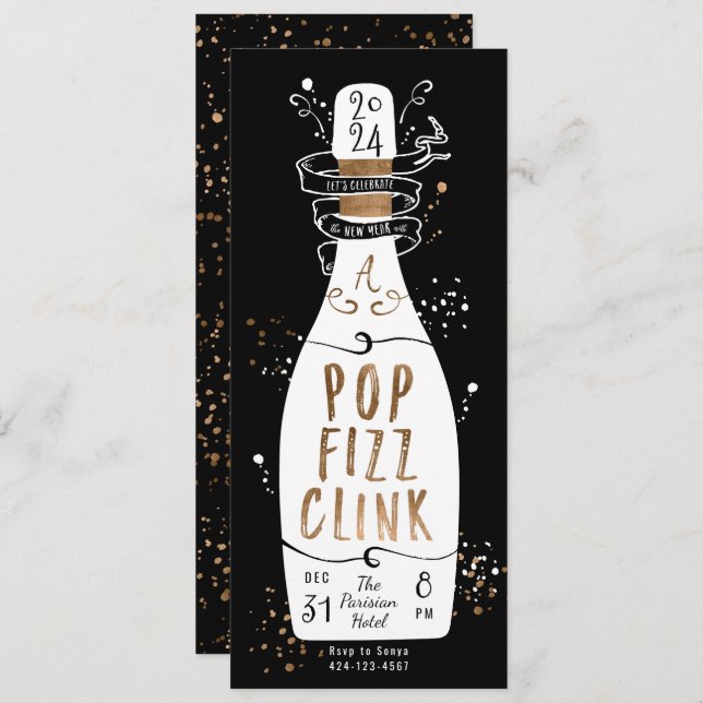 Invitación Fiesta de Nochevieja Oro Champagne Pop Fizz Clink (Anverso / Reverso)