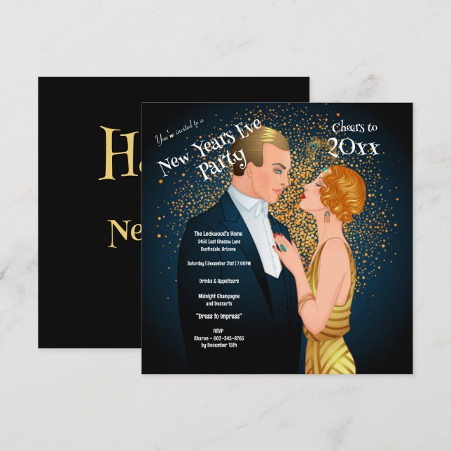 Invitación Fiesta de Nochevieja Pareja Art Deco (Anverso / Reverso)