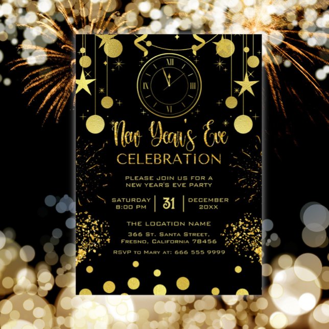 Invitación Fiesta de Nochevieja Purpurina de Oro y Negro (new years eve party invitation)