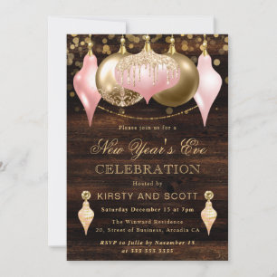 Invitación Fiesta de Nochevieja Rosa Sonrojo y Dorado