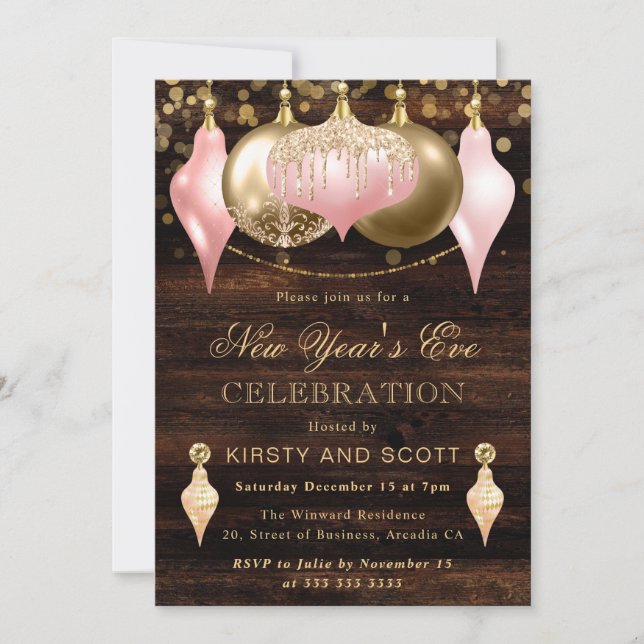 Invitación Fiesta de Nochevieja Rosa Sonrojo y Dorado (Anverso)
