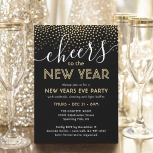Invitación Fiesta de Nochevieja Saluda al Confeti Negro y Oro