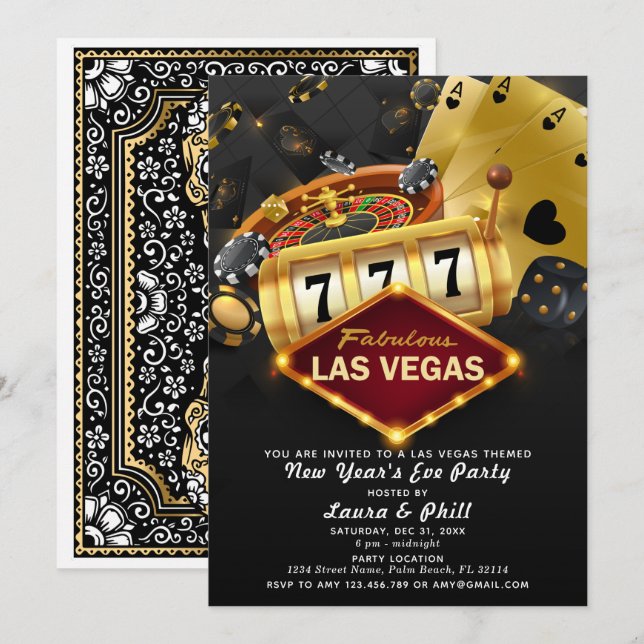 Invitación Fiesta de Nochevieja temática de Las Vegas (Anverso / Reverso)