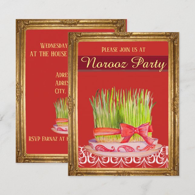 Invitación Fiesta de Noruz Red Sabzeh hierba de trigo (Anverso / Reverso)