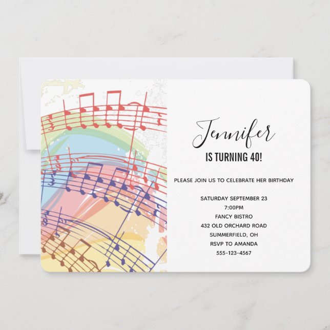 Invitación Fiesta de notas arcoiris y musicales (Anverso)