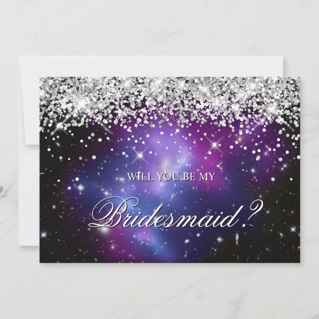 Invitación Fiesta de Novia Celestial Morado Brillo Plateado (Anverso)