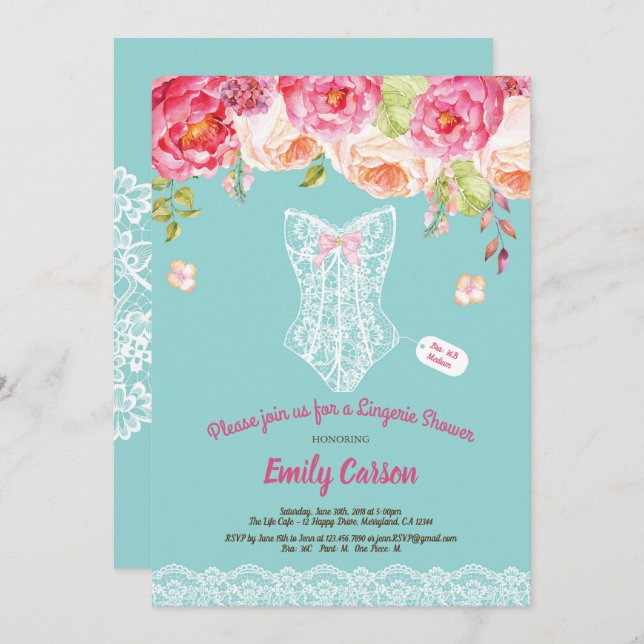 Invitación Fiesta de novia con ducha de lencería turquesa (Anverso / Reverso)