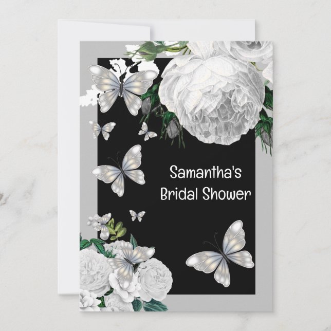 Invitación Fiesta de novias de rosas elegantes en blanco y ne (Anverso)
