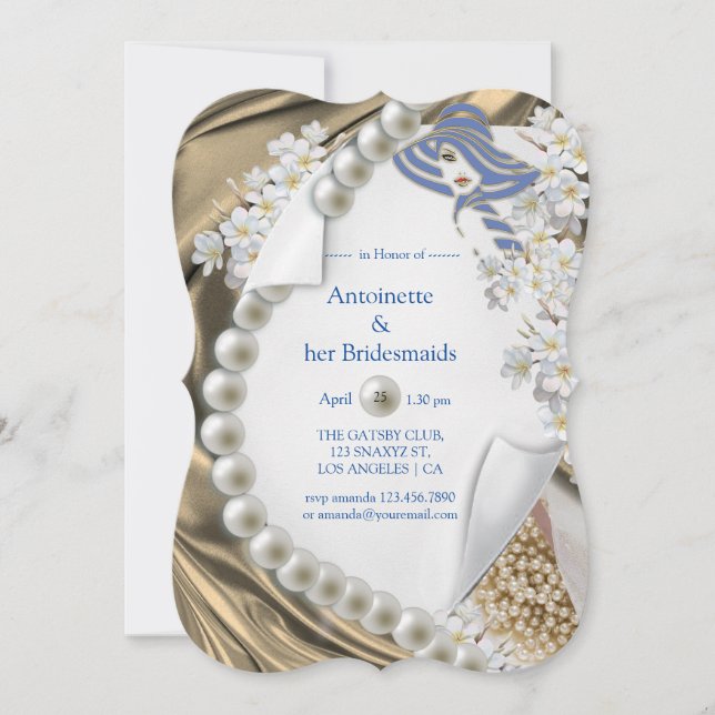 Invitación Fiesta de Novias Gold Silk & Ivory Pearls (Anverso)