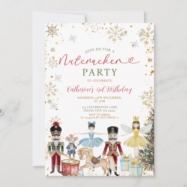 Invitación Fiesta de Nutcracker Primeros copos de nieve de or (Anverso)