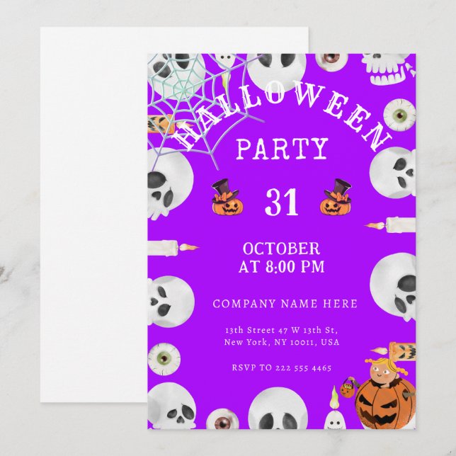 Invitación Fiesta de Oficina Clásica de Halloween Morado Eléc (Anverso / Reverso)