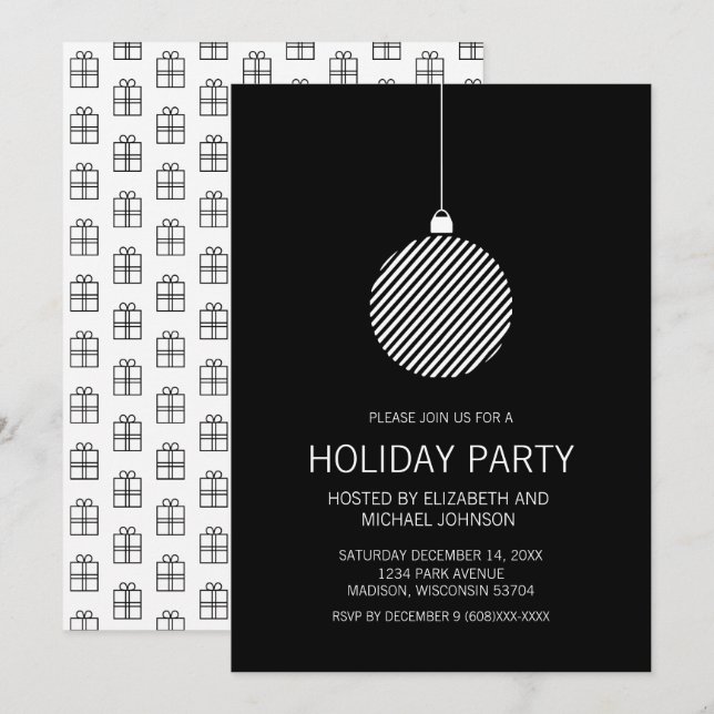 Invitación Fiesta de Ornamento de Navidad Blanco y Negro (Anverso / Reverso)