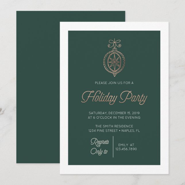 Invitación Fiesta de Ornamento de Navidad Verde y Oro (Anverso / Reverso)