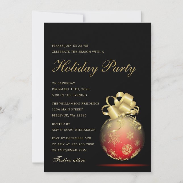 Invitación Fiesta de Ornamentos de Navidad Rojo y Oro (Anverso)