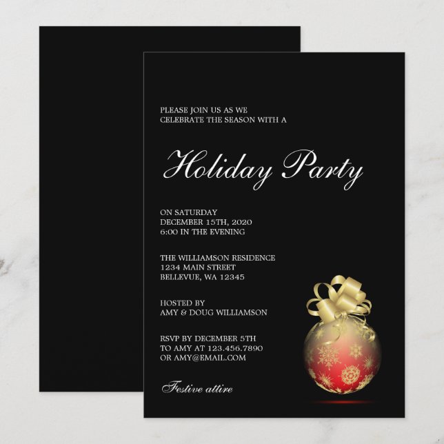 Invitación Fiesta de Ornamentos de Navidad Rojo y Oro (Anverso / Reverso)