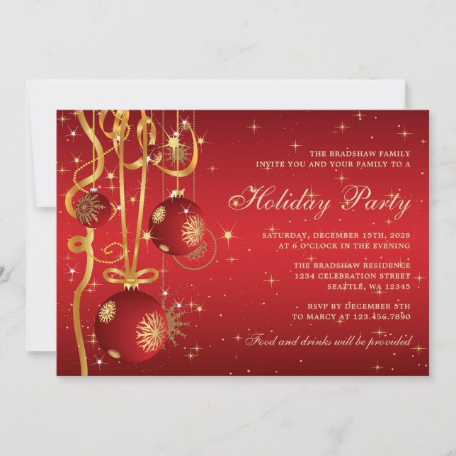 Invitación Fiesta de Ornamentos Rojos y Oro (Anverso)