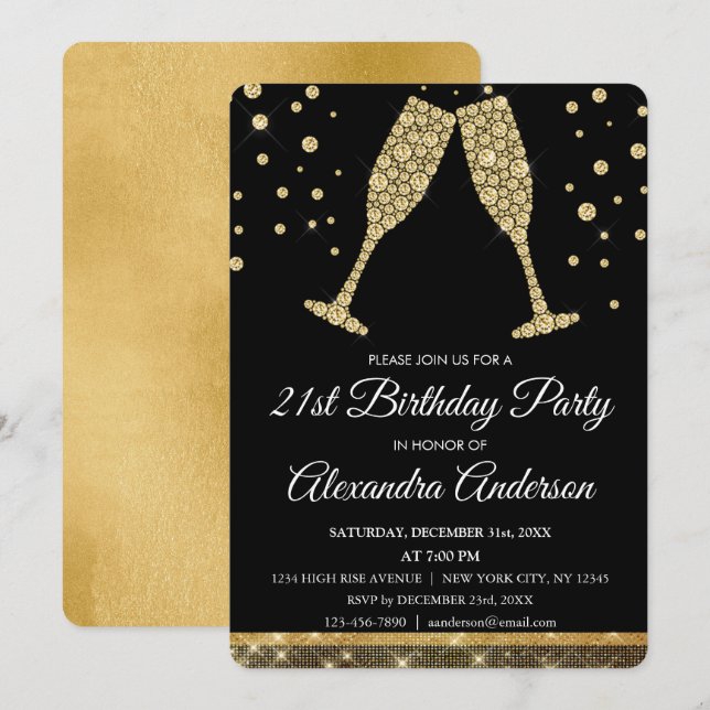 Invitación Fiesta de oro 21 cumpleaños Diamond Champagne Glas (Anverso / Reverso)