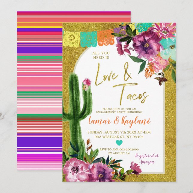 Invitación Fiesta de oro, amor y participación de tacos (Anverso / Reverso)