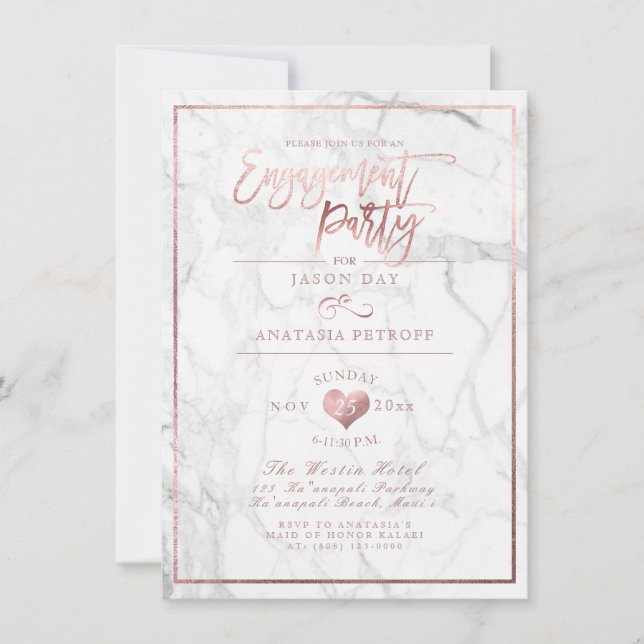 Invitación Fiesta de oro/compromiso Rosa PixDezines Marble/Fa (Anverso)