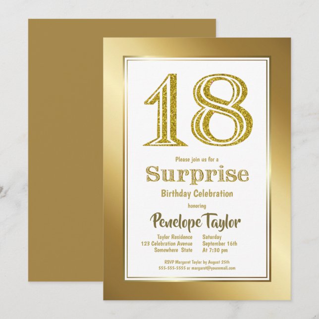 Invitación Fiesta de oro de 18 años de sorpresa (Anverso / Reverso)