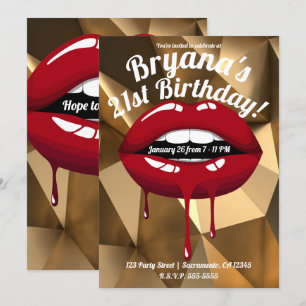 Invitación Fiesta de Oro Glam Lujo Rojo Labios Goteo