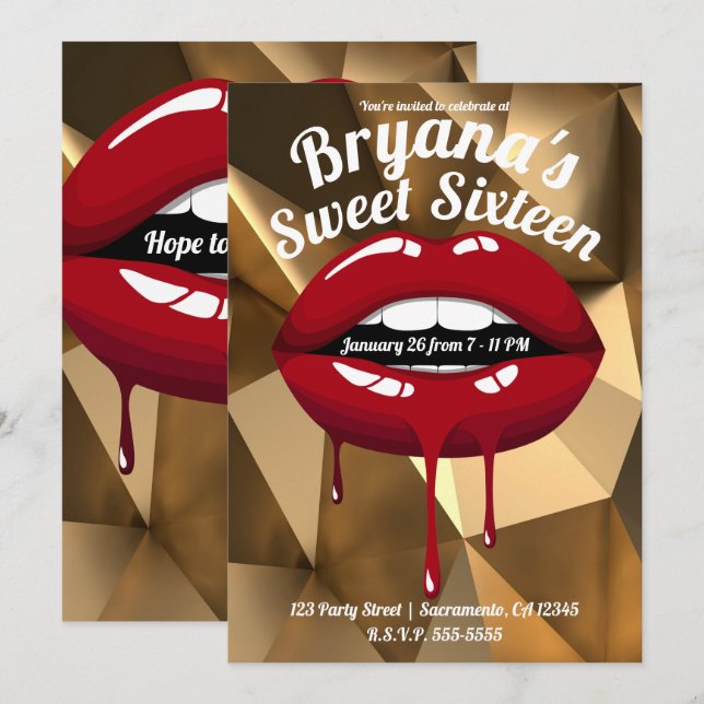 Invitación Fiesta de Oro Lujo Rojo Labios Goteando Dulces 16 (Anverso / Reverso)