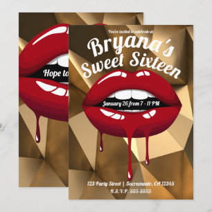 Invitación Fiesta de Oro Lujos Rojos Labios Goteantes Dulces 