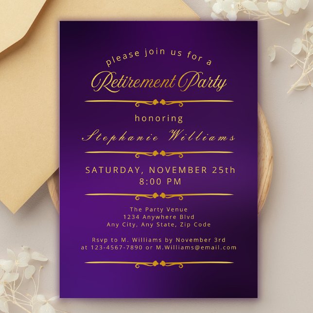 Invitación Fiesta de oro púrpura de retiro elegante formal (Subido por el creador)