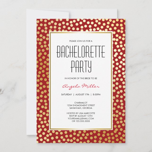 Invitación Fiesta de oro rojo con polka confetti moderno (Anverso)