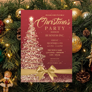 Invitación FIESTA de oro rojo de cinta de árbol de navidad de