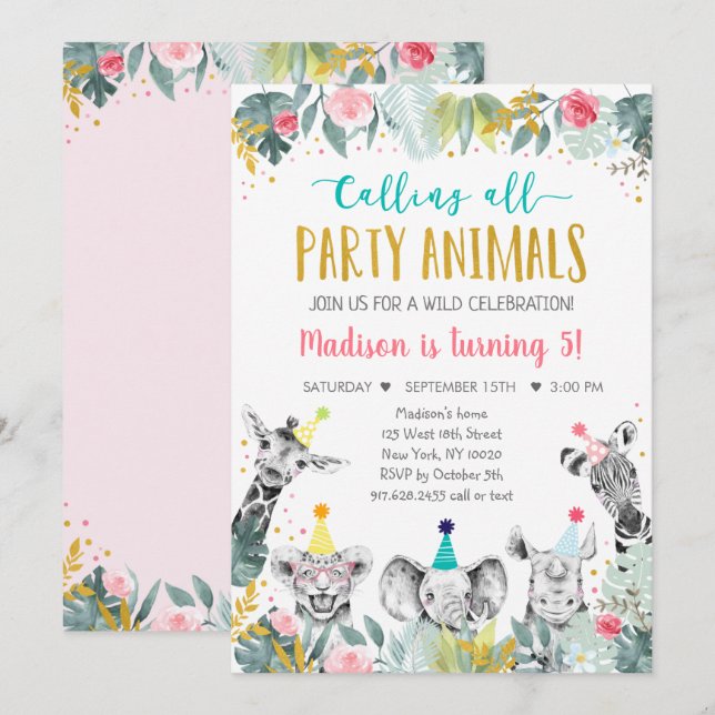 Invitación Fiesta de oro rosa Safari Animal Cumpleaños (Anverso / Reverso)