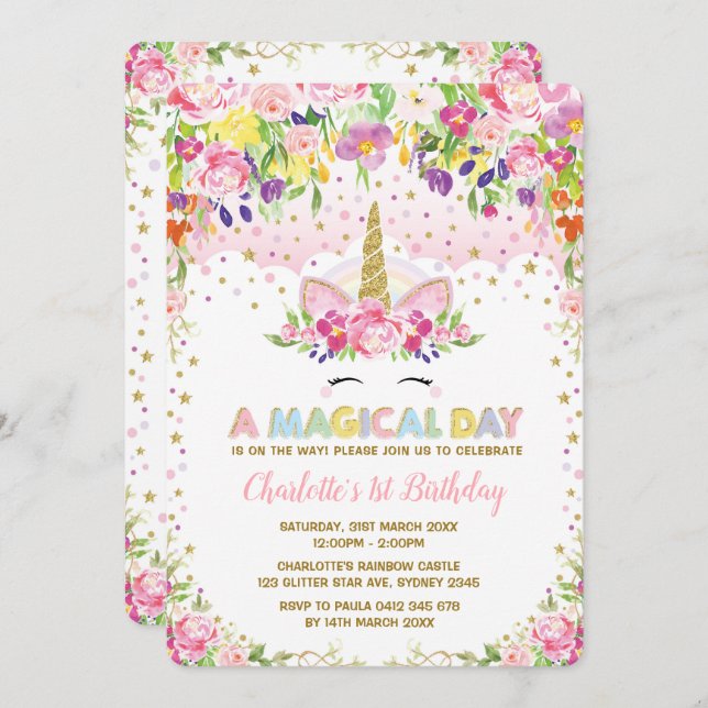 Invitación Fiesta de oro rosa unicornio invitan al arcoiris (Anverso / Reverso)